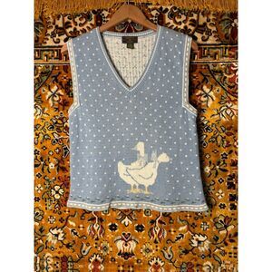 Vintage 80s Charter Club Light Blue Goose Sweater Vest M Cottagecore Polka Dot